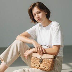 Vintage 1960s Zenith Handmade Straw, Leather, Metal Square Handbag Purse EUC!!!